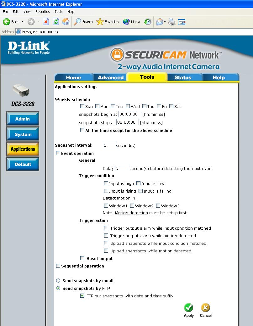 Using the DCS-3220 with an Internet browser (continued) Configuration > Tools > Applications