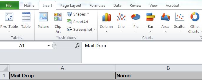 Place your cursor in the first row column A which should have the heading: Mail Drop Click on the