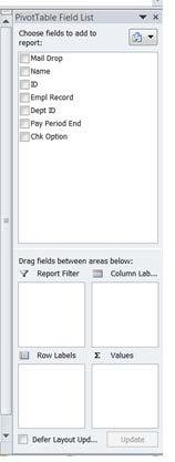 Working with the Pivot Table Field List Click on Mail Drop and Drag to the Row Labels area Click on Chk Option and Drag to the Column Labels area Click on ID and Drag to the Values area The data is