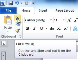 The Cut command 3. Place your insertion point where you wish the text to appear. 4. Click the Paste command on the Home tab. The text will appear.