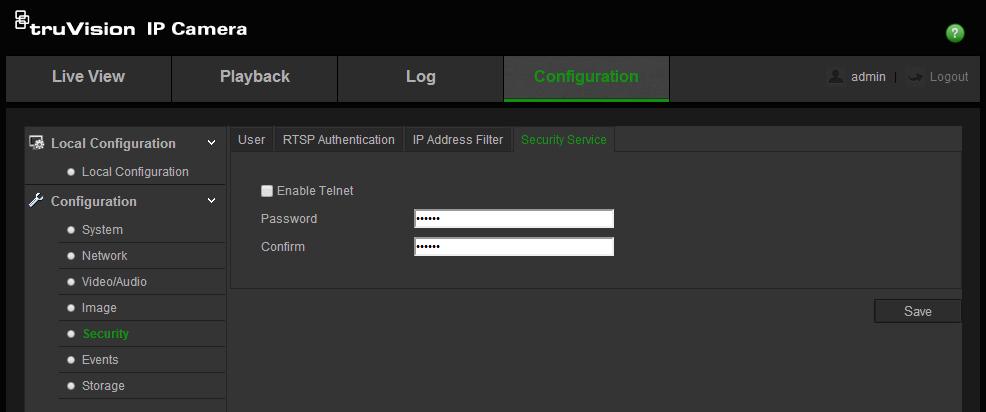 To define IP Address Filter: 1. Click Configuration > Security. 2. Select the IP Address Filter tab. 3. Check the checkbox of Enable IP Address Filter. 4.
