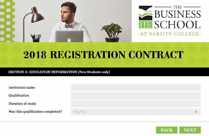 Online Registration Contract - Page 5 New students are required to complete EDUCATION INFORMATION under SECTION 4.