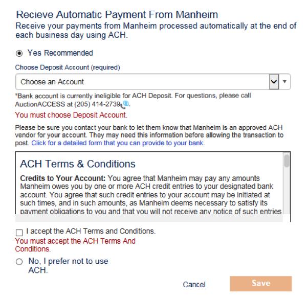 STEP 8: RECEIVE AUTOMATIC PAYMENTS FROM MANHEIM» You can set preferences on how you want to RECEIVE automatic payments from Manheim: A. Click Yes. B.