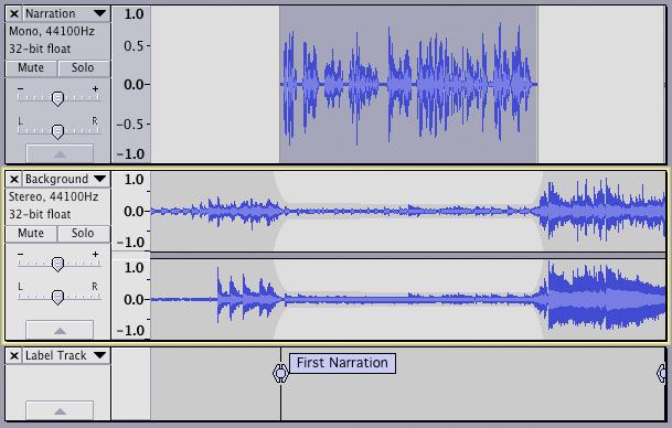 You could continue in this manner doing the fades on the music track for each clip in the narration track. Or you could try using the Auto Duck effect.