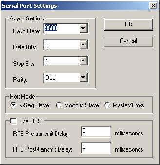 3-9 EBC Settings> Configuration> Serial Port Clicking the Serial Port button in the EBC Settings>Configuration box brings up the Serial Port Settings window below.