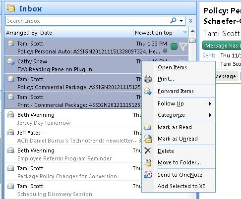 To add multiple emails into Partner XE 1. Select emails to be moved by clicking on them. Note: To select multiple emails, hold down the Ctrl key on your keyboard. 2.