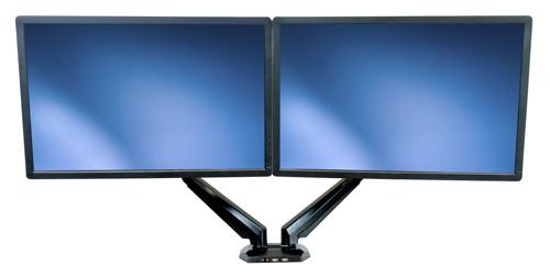 Create a more ergonomic dual-monitor setup When you mount your displays on a dual-monitor arm above your desk or table surface, you can adjust your display height, position and viewing angles easily