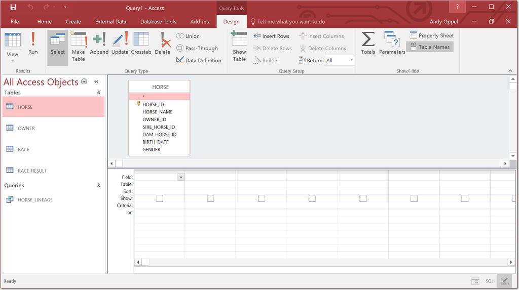 Note the special Design ribbon that is displayed above the Query Design view. The upper part of the panel contains a graphical display of the tables involved in the query.