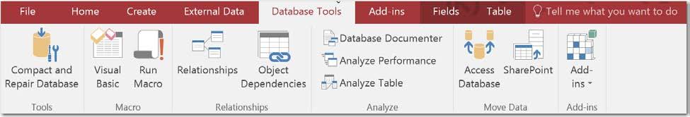 o The Database Tools ribbon contains a variety of tools for use with Access databases and applications. In this course, we will be using the Relationships tool to manage referential constraints.