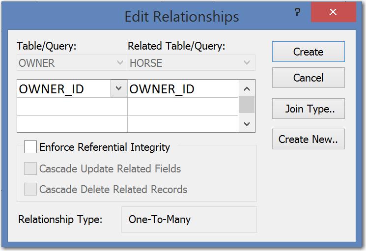 Click on a foreign key column (to select it) and then drag the foreign key column to the primary key column. In this case I dragged OWNER_ID in the HORSE table to OWNER_ID in the OWNER table.