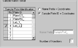 CombiChrom Software Familiarization Study Parameters Screen Sample Plate ID + coordinates Figure 13 Sample Plate ID + Coordinates In this mode the format for the sample name is: <Plate ID><well