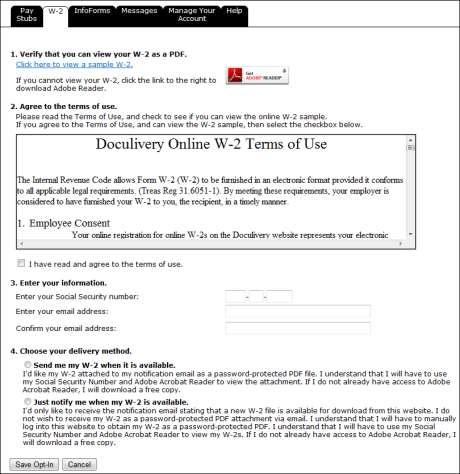 To Opt-In to receive your W2 s electronically, you will need to be on the W-2 tab. From this tab you may also view, and print the W2.