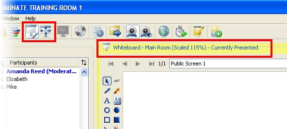 Moderator View If the Moderator does not select Present to Self and has their windows locked, the Whiteboard window will be surrounded by a yellow border containing text to indicate that it has been