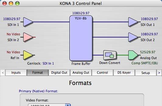 KONA 3 Installation and Operation Manual Using The KONA 3 Control 49 The Primary Format Inputs: one, two, or dual-link Outputs: one, two, or dual-link Framebuffer Shows the Primary Format KONA 3 has