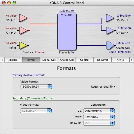 58 KONA 3 Control Panel, Formats Tab Showing SD to 720p Upconvert