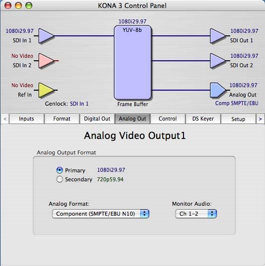 62 Analog Out Tab Screen KONA 3 provides a high-quality analog component or composite + Y/C output, generally used for monitoring.