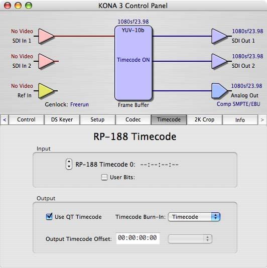 74 KONA 3 Control Panel, Timecode Tab Timecode Tab Screen Settings Input RP-188 Timecode in RP-188 timecode (SMPTE 12M-2) there can be multiple timecode values in the data stream.