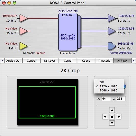 78 KONA 3 Control Panel, 2K Crop Tab, Selecting Crop Mode Important Note about 2K: Operational procedures and information for working with 2K workflows are presented in Appendix C at the back of this