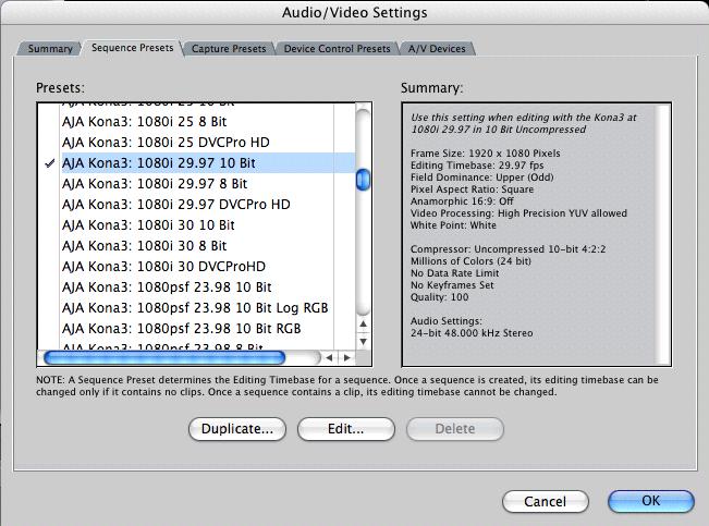 88 The Sequence Presets Window Audio/Video Settings, Sequence Presets Window This window allows you to select an editing timebase for the current sequence.