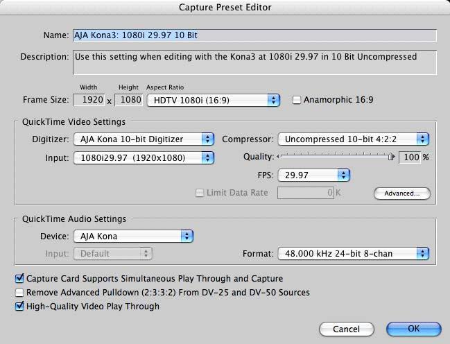 90 Capture Presets Editing Audio/Video Settings, Capture Presets Editing Window Note: Whenever a Preset is being copied as the basis of a new preset, always change the name and description to fit the