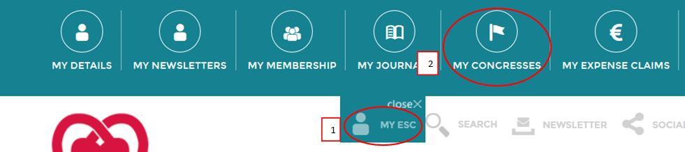 1) Click again on My ESC to open up the panel of sections. 2) Select My Congresses to view all matters related to the participation of an ESCorganised event.