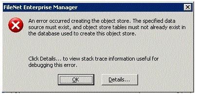 object store, the following error occurs in IBM FileNet Enterprise Manager. How would the customer overcome this error to create the object store? A. Create a new database.