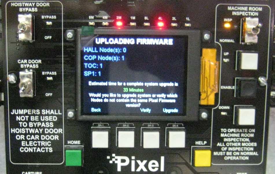 An UPLOADING FIRMWARE screen will be displayed with the number of components connected to the P-MP board (HALL Nodes, COP Nodes, TOC and SP1).