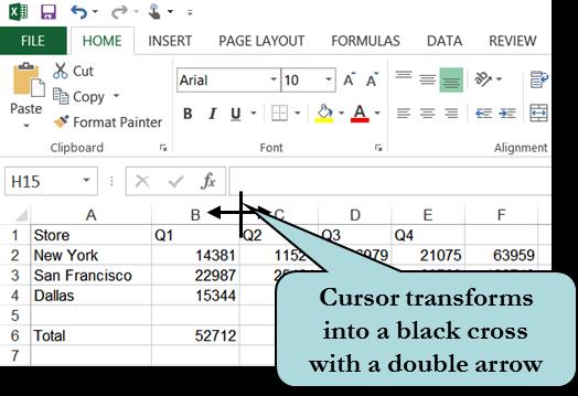 or rows in the worksheet, click the Select All Button). 3. Click and hold the mouse button down and drag until the columns are the desired width.
