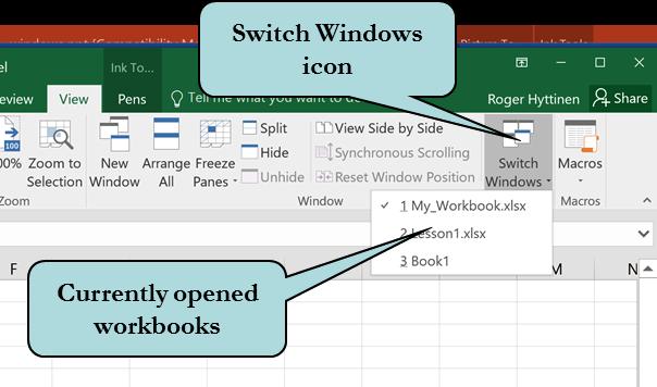 The Switch Windows list displays all currently open Excel documents. Click on the document you wish to make active.