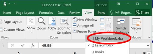 LESSON 1 EXCEL BASICS To Move between Open Workbooks 1. Click on the appropriate Document button on the Windows Taskbar.