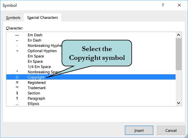LESSON 2 WORKING WITH DATA What Why 5. Select the Copyright Symbol as shown below and then click Insert. Inserts the copyright symbol at the insertion point. 6. Click Close.
