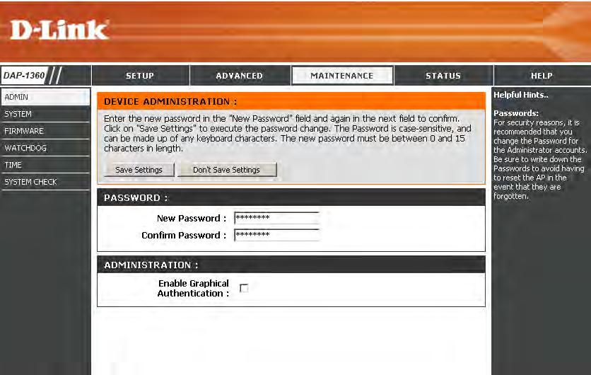 Section 3 - Configuration Maintenance Admin This page will allow you to change the Administrator password. The administrator password has read/write access.