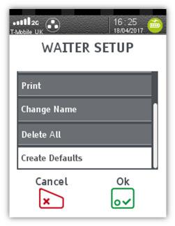 Delete All Return to the Waiter Setup Menu as described above. Use or to highlight Delete All and then press The terminal will print confirmation that ALL of the waiters have been deleted.