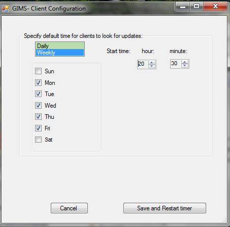 3.4 Define new download time When this entry is selected, the GIMS-Client Configuration dialog will display with default value displays as follows: This dialog will
