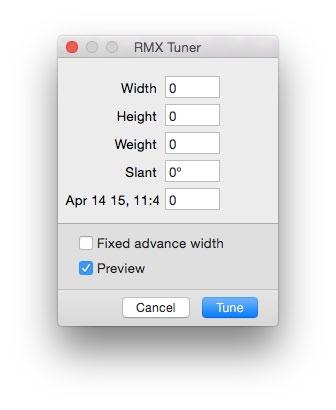 Font Remix Tools for Glyphs: Handbook page 6 of 9 3. RMX Tuner Use the Tuner in the Glyph Window to quickly adjust the current glyph. 3.1.