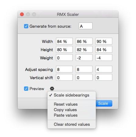 Font Remix Tools for Glyphs: Handbook page 7 of 9 4. RMX Scaler Run this tool in the Font Window to scale the selected glyphs. Used in the Glyph Window, the Scaler allows to precisely adjust all 4.1.