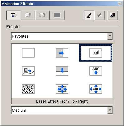 Slide transitions and animations Preview Assign Update Order Extras Text Effects Effects section Effects Figure 34: Animation Effects window The Effects button is the same as in the Slide Transition