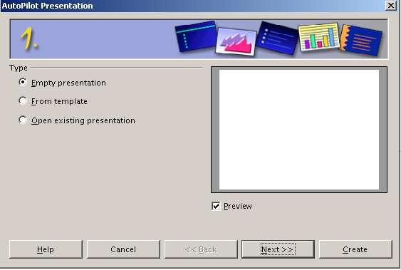 Creating a new presentation Creating a new presentation This section shows how to set up a new presentation. Starting the AutoPilot presentation After launching OpenOffice.