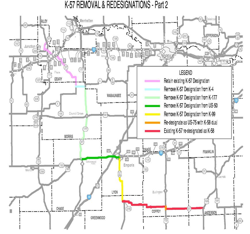 K 57 E. CENTRAL Ks RESO REMOVE RTE. 9/20/2004 N/A NONE REMOVAL O K-57 DESIGNATION ROM STATE SYSTEM IN MORRIS, CHASE, LYON, GREENWOOD, COEY, AND ANDERSON COUNTIES.