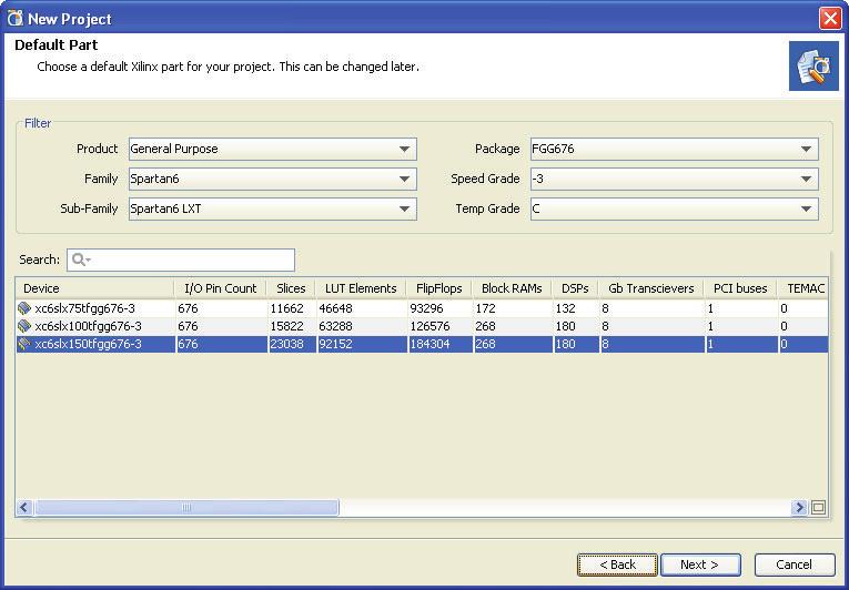 Project Entry in PlanAhead Tool 9. Select the product, family, and sub-family for the default part (see Figure 3-4). For this lab, make the following selections: a. Product: General Purpose b.