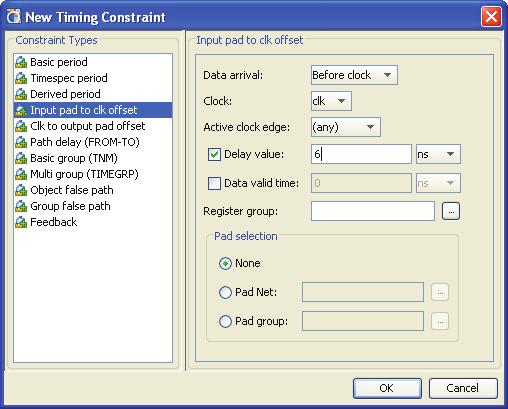 Setting Up Timing Constraints with the PlanAhead Tool 4. Create a new timing constraint for Input pad to clk offset.