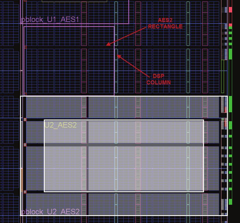 Chapter 3: Floorplanning the System 30. The next rectangle for pblock_u2_aes2 is drawn up to, but not including, the DSP tile column.