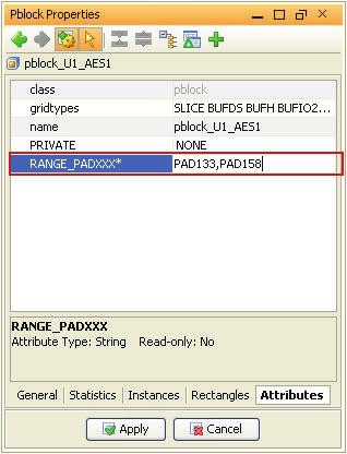 Set Up the Area Groups for the ISO Regions with the PlanAhead Tool 56. Click Apply (see Figure 3-40). X-Ref Target - Figure 3-40 X1104_c3_40_102510 Figure 3-40: Setting New RANGE_PADXXX Attribute 57.