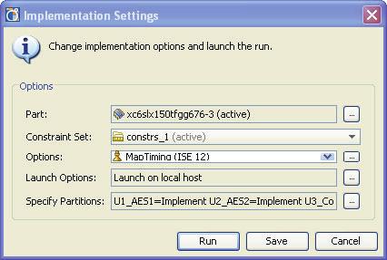 Generating and Running an Implementation b. An Implementation Settings dialog box appears (see Figure 5-2). To launch a run, change or accept the defaults and click Run.