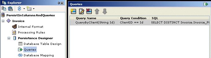 Queries The Queries child node of the Persistence Designer node can be used to define a set of queries for the corresponding internal message.
