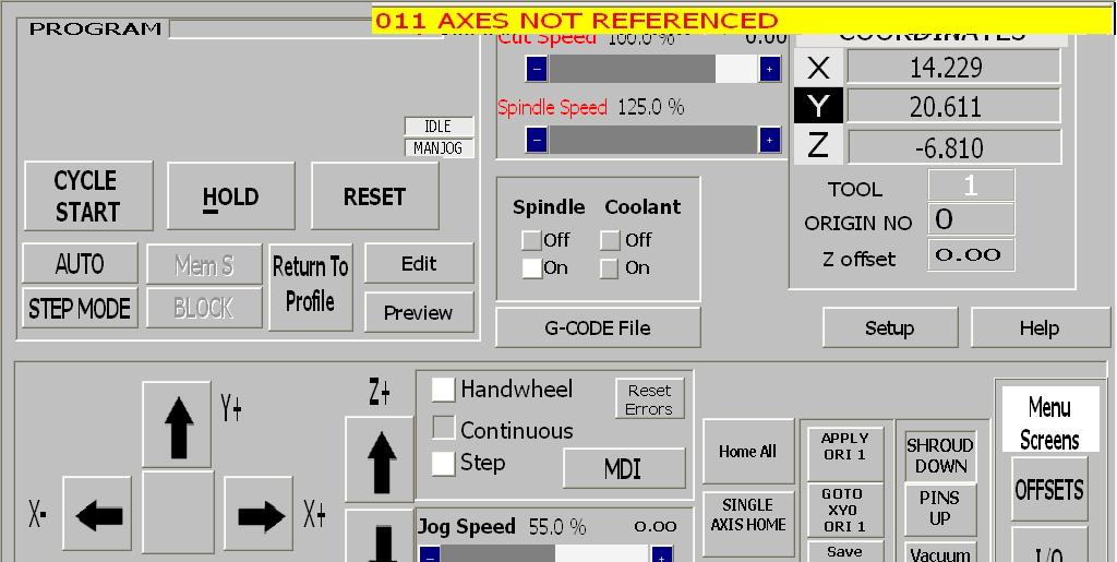 Click on Home and all the axes will move to their home position. If any errors remain on the screen (i.e. Low Air Pressure,) rectify the problem and click on Reset Errors to remove the message.