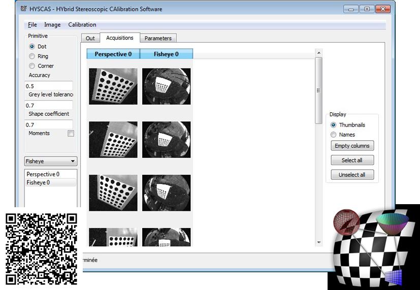 seconds and 0.5 second for a two perspective cameras rig. Our software accepts chessboard or dots calibration patterns and even a new one composed of rings will be available in a near future.
