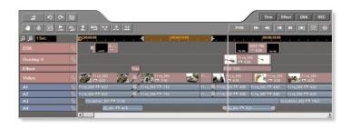 The timeline events, effects and audio can be jogged to designate edit points or make parameter setting changes.