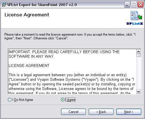 3.5. License Agreement The License Agreement dialog provides the full wording of the SPListX license agreement.