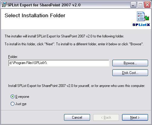 3.6. Installation - Destination Folder The Destination folder dialog allows you to specify the location where SPListX should be installed.
